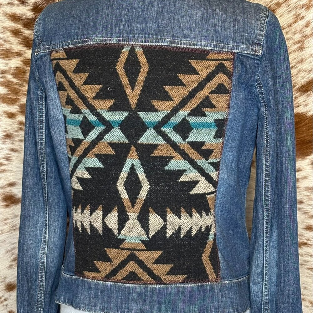 UpCycled ONE OF A KIND Western jean jacket black tan Pendleton wool-S